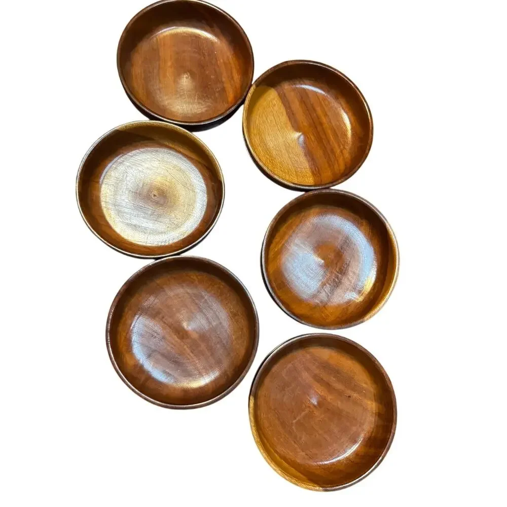 Vintage Solid Wood Salad Bowls Set of 6 MCM Heavy Dense Walnut Grain 4 1/2
